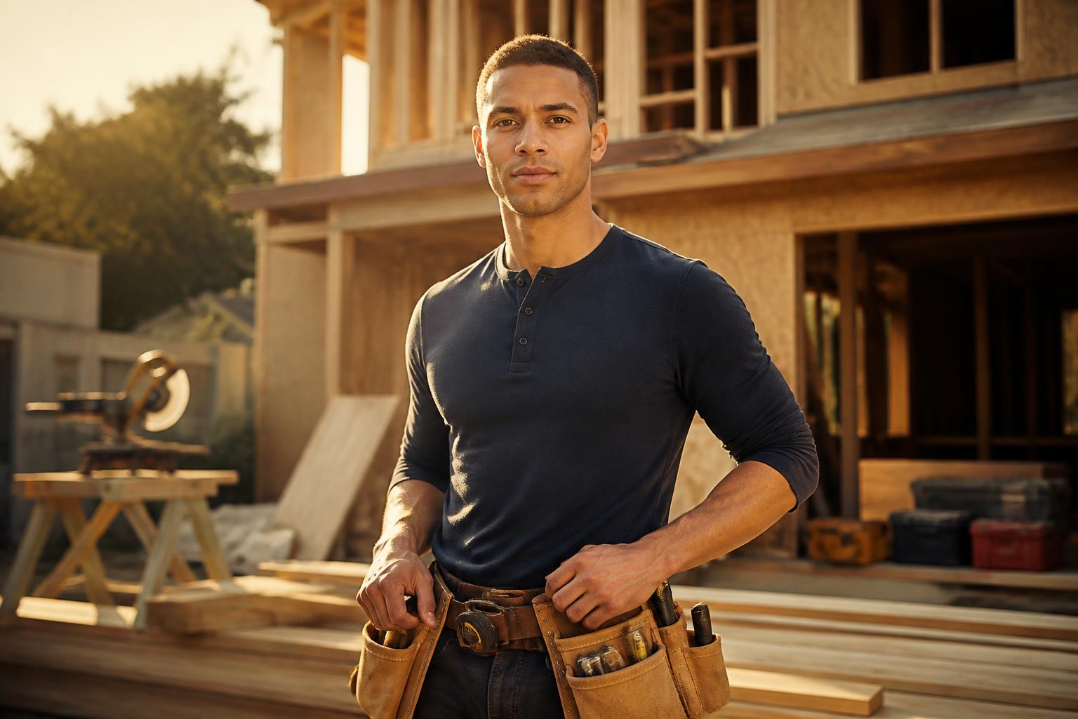 A tradesman in a tool belt standing in front of a timber-framed house under construction